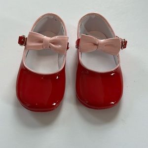 Janie And Jack Red Dress Shoes Pink Bow Patent Leather 12-18 Months Like New
